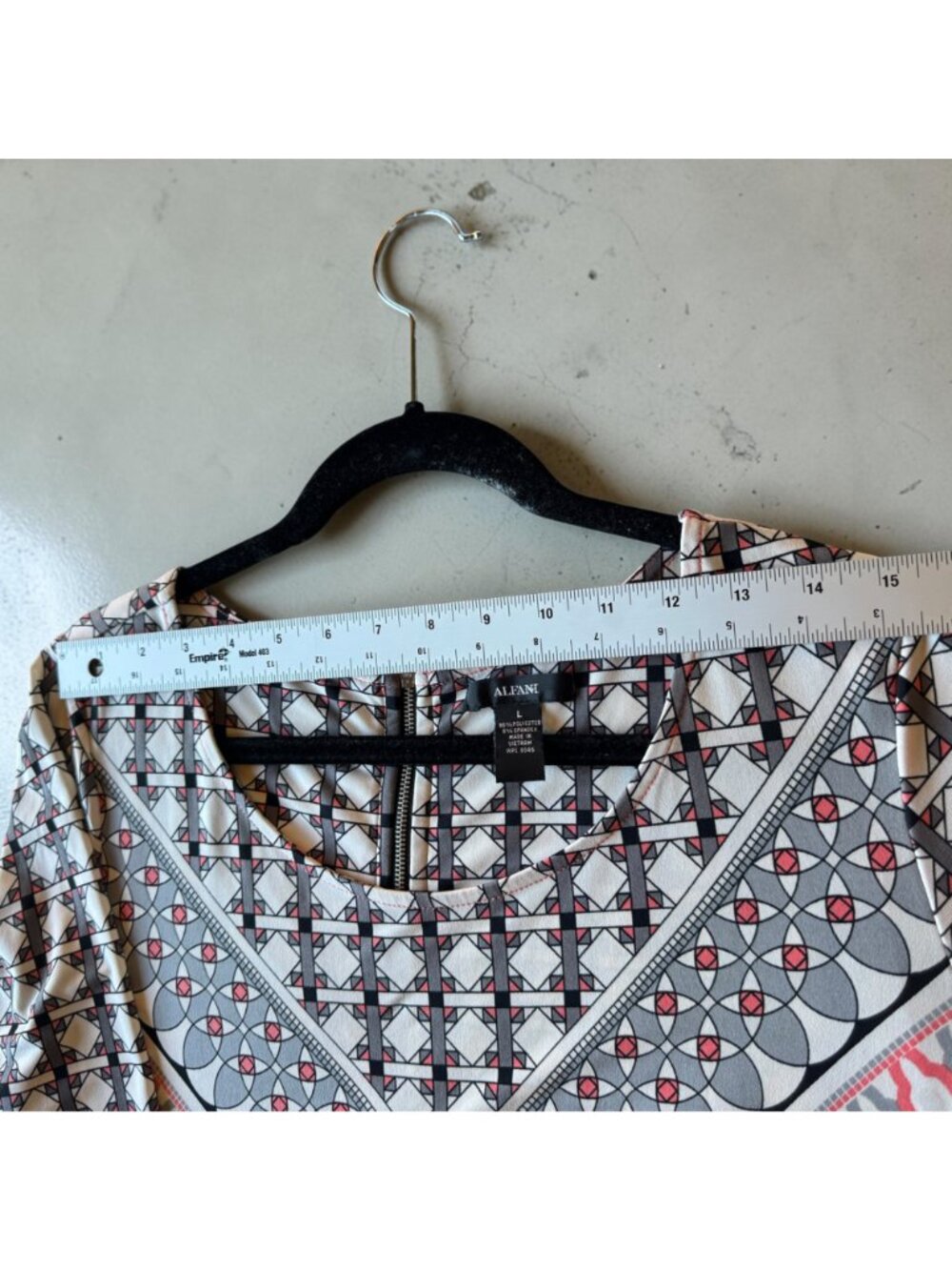 Womens Peach Grey Black Tunic Top L Alfani Geometric Print Bell Sleeve High-Low - Picture 6 of 12